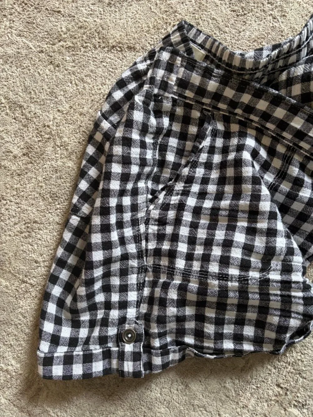 Per Se Black White Gingham Linen Blend Drawstring Shorts Cuffed Pockets M